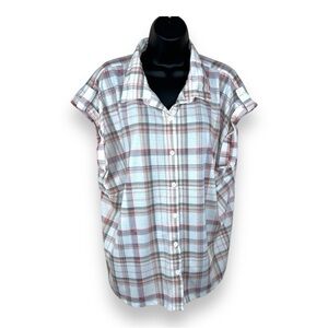 1X LOVE JOY WHITE PEACH PLAID  STRETCH TOP PLUS BUTTON FRONT